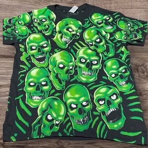 Green Skull AOP Liquid Blue Graphic T-Shirt Size Small